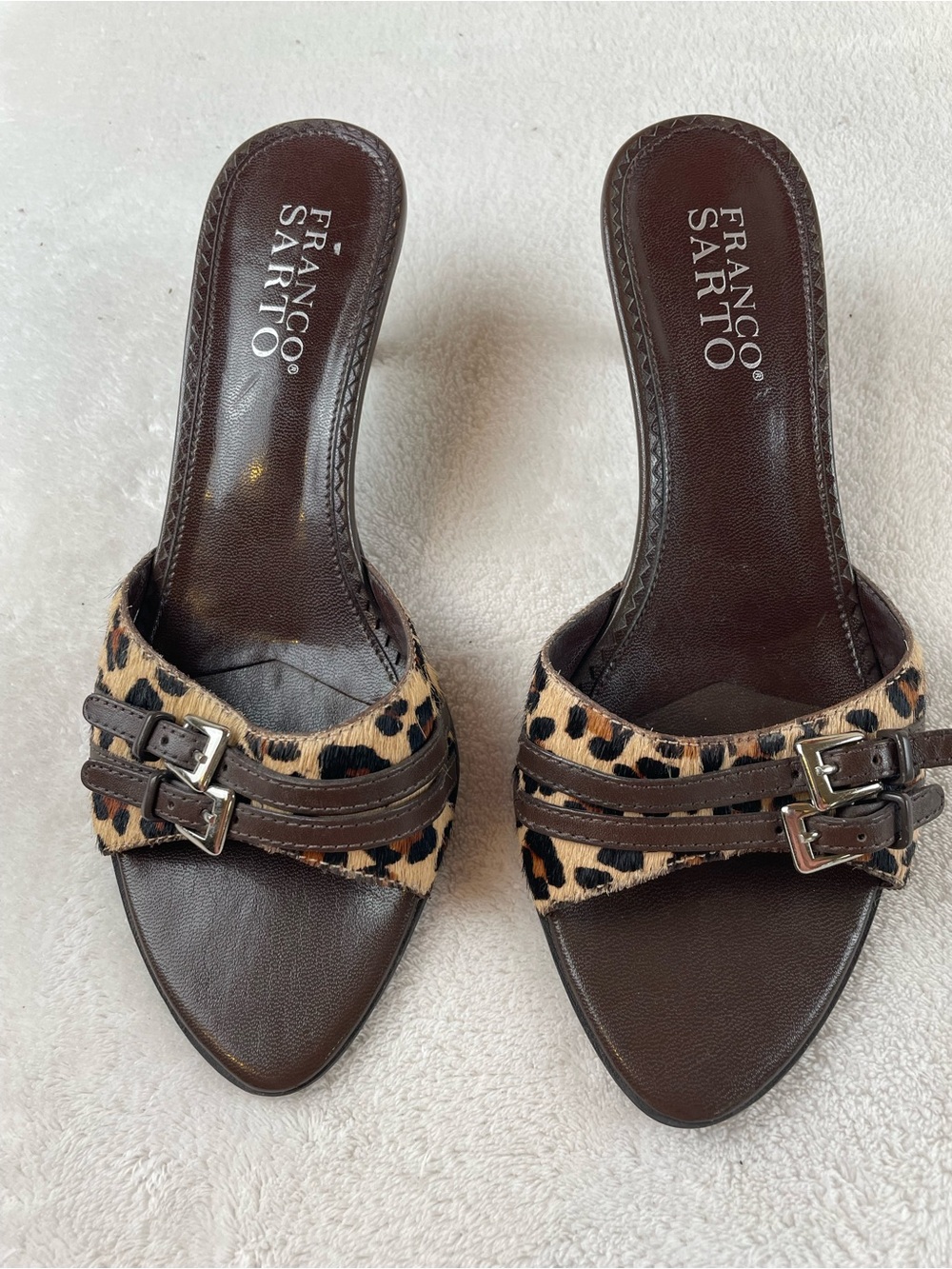 Franco Sarto Pony Hair Leopard Print Brown Kitten Heels